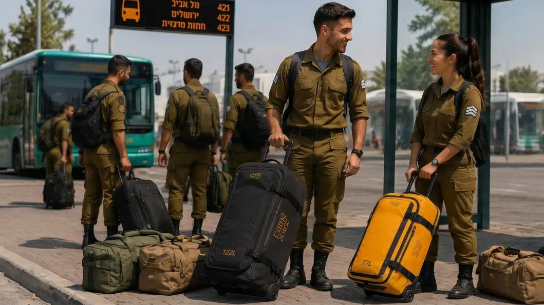 חייל וחיילת ישראלים בתחנת אוטובוס עם תיקי דאפל CABIN FLUX לצבא ולמילואים