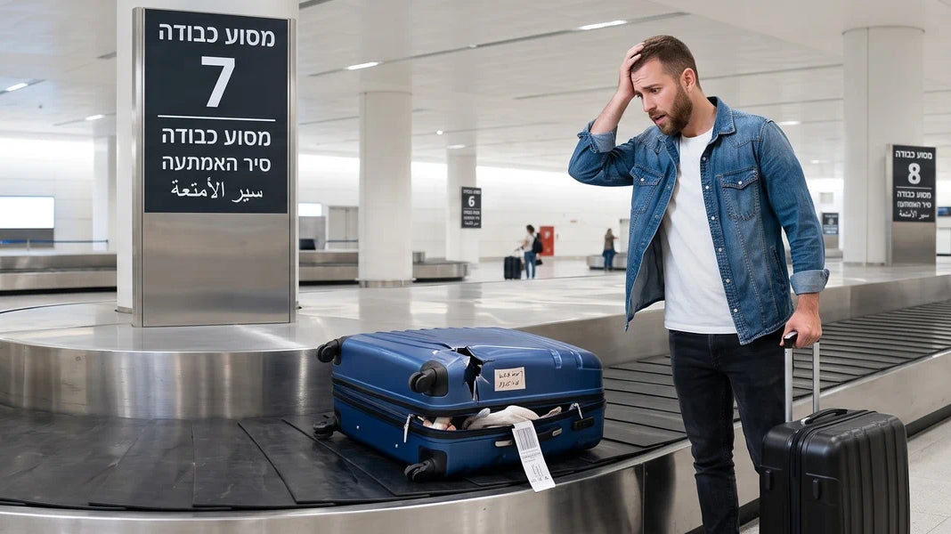 נוסע עומד ליד מסוע כבודה בשדה התעופה לצד מזוודה שניזוקה במהלך הטיסה וממתין לטיפול ופיצוי מחברת התעופה