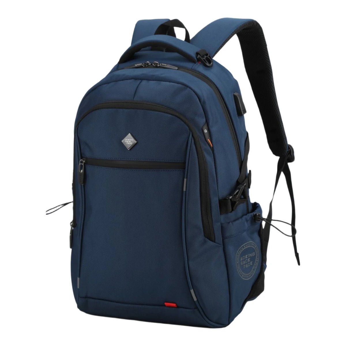 תיק גב למחשב נייד 15.6" AOKING CAMBRIDGE בצבע נייבי עם שקע USB בצד, מבט קדמי בזווית