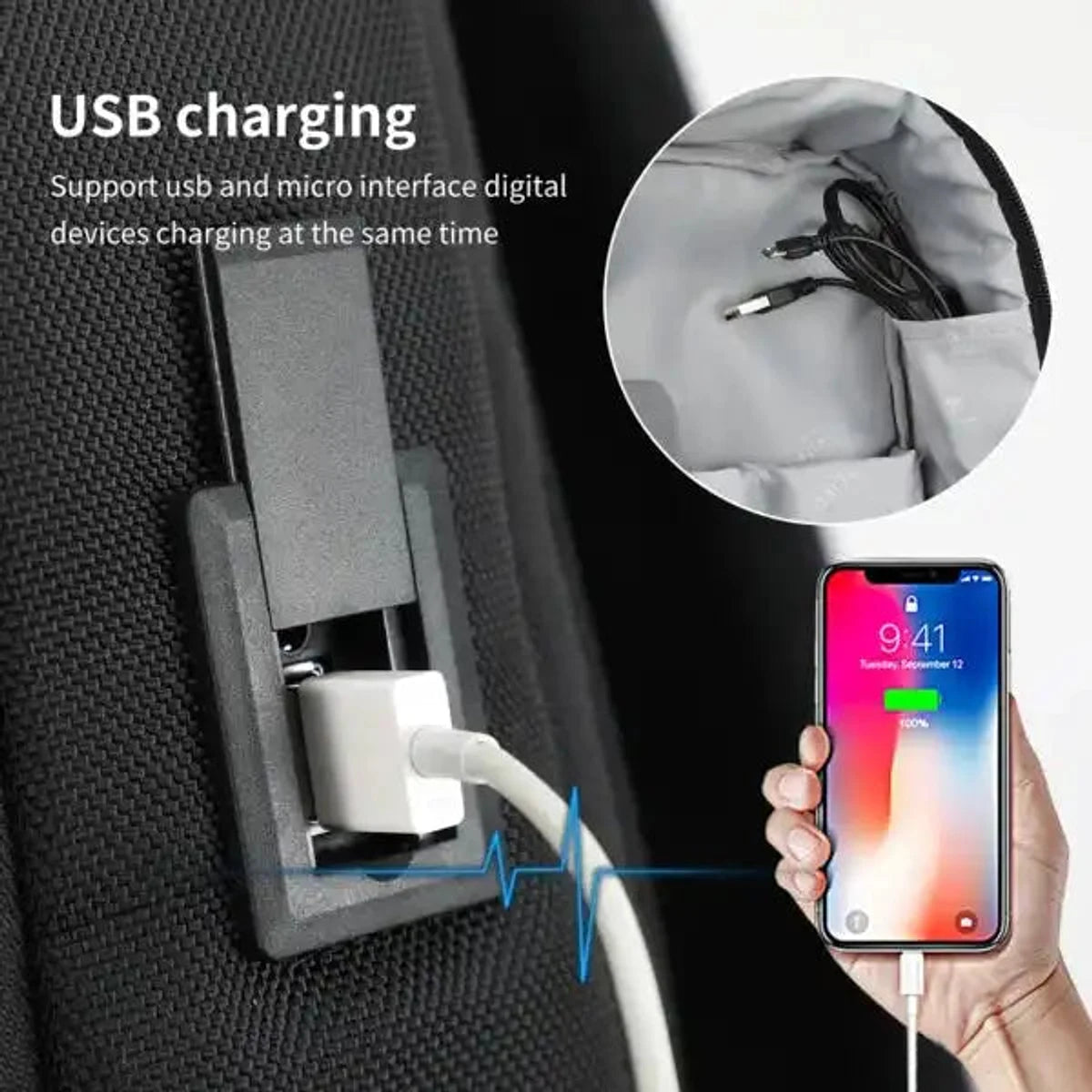 תקריב ליציאת USB חיצונית עם כבל מובנה בתיק גב עסקי AOKING SN2120 לטעינה נוחה של מכשירים בכל מקום