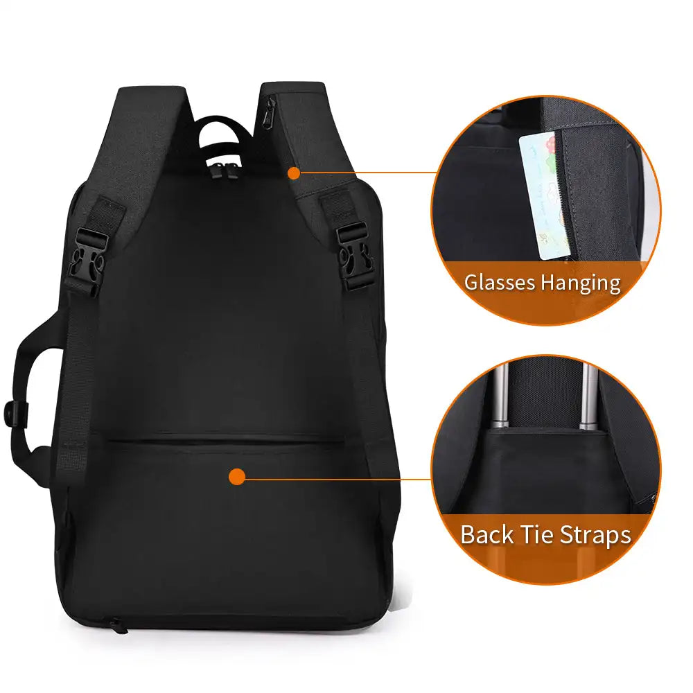 תיק גב AOKING Business Pro דגם SN86099 עם כיס משקפיים סמוי ורצועה להלבשה על מזוודת טרולי, מבט אחורי