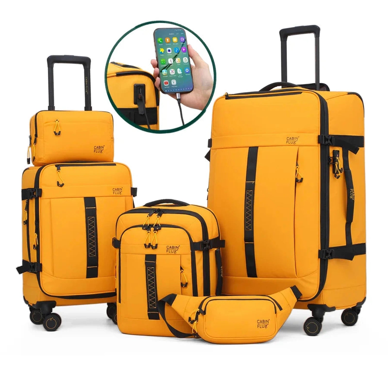 סט 5 חלקים CABIN FLUX Apex Ranger צהוב כאמל מזוודה 29 אינץ' טרולי 20 אינץ' תיק עלייה למטוס פאוץ' ותיק רחצה