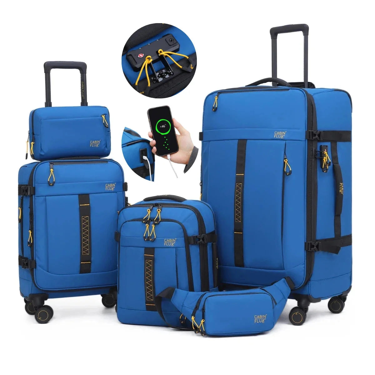 סט נסיעות 5 חלקים CABIN FLUX Apex Ranger כחול עם הדגשת פורט USB מזוודה 29 אינץ' טרולי תיק עלייה פאוץ' ורחצה