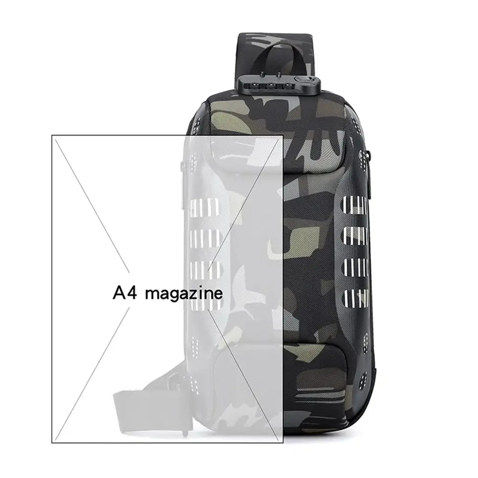 תיק קרוסבודי CABIN FLUX JetPack ירוק צבאי בהשוואת מידות מול מגזין בגודל A4 להמחשת נפח שנים עשר ליטר