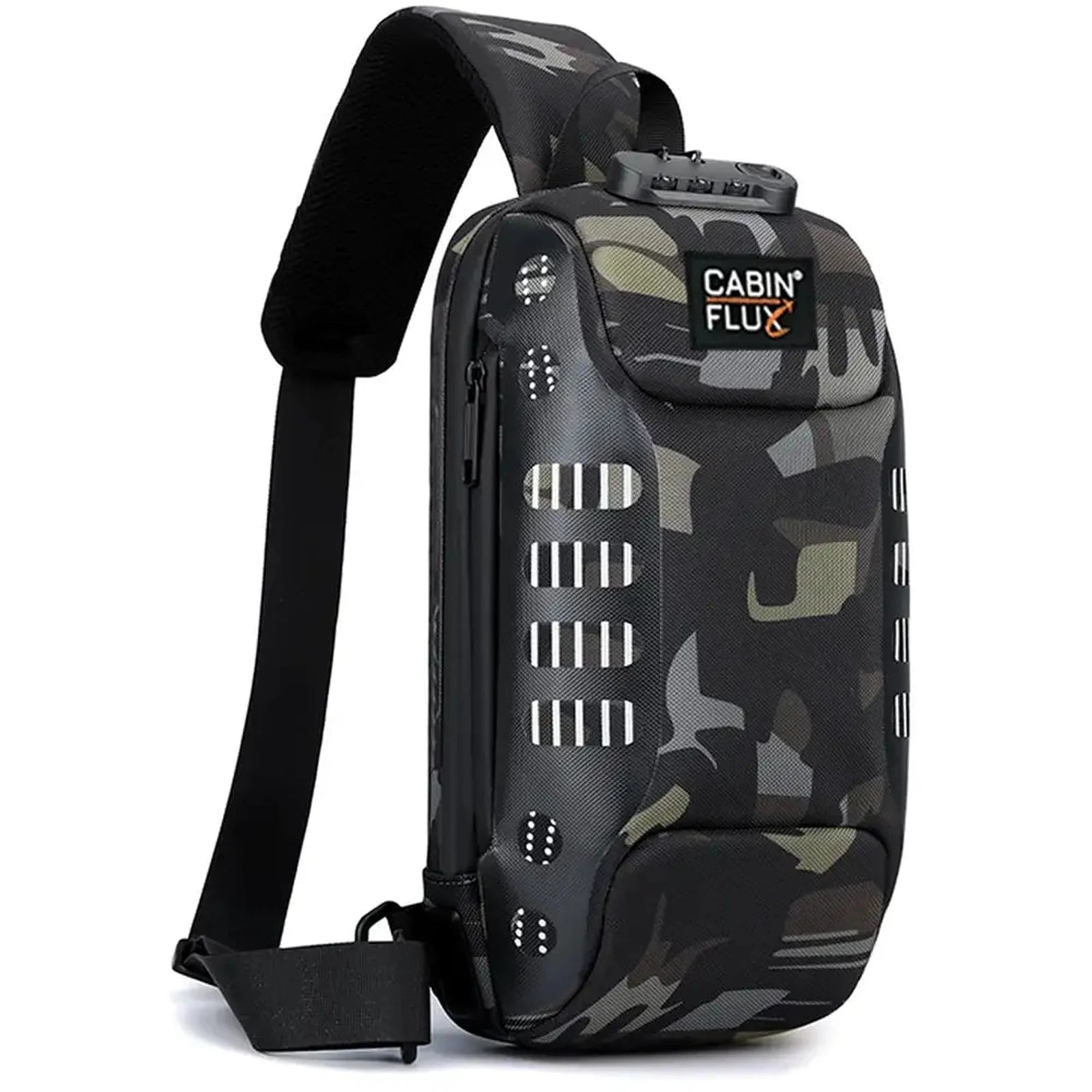 תיק קרוסבודי נגד גנבות CABIN FLUX JetPack בצבע ירוק צבאי קמופלאז, עם מנעול קוד מובנה, זווית שלושה רבעים