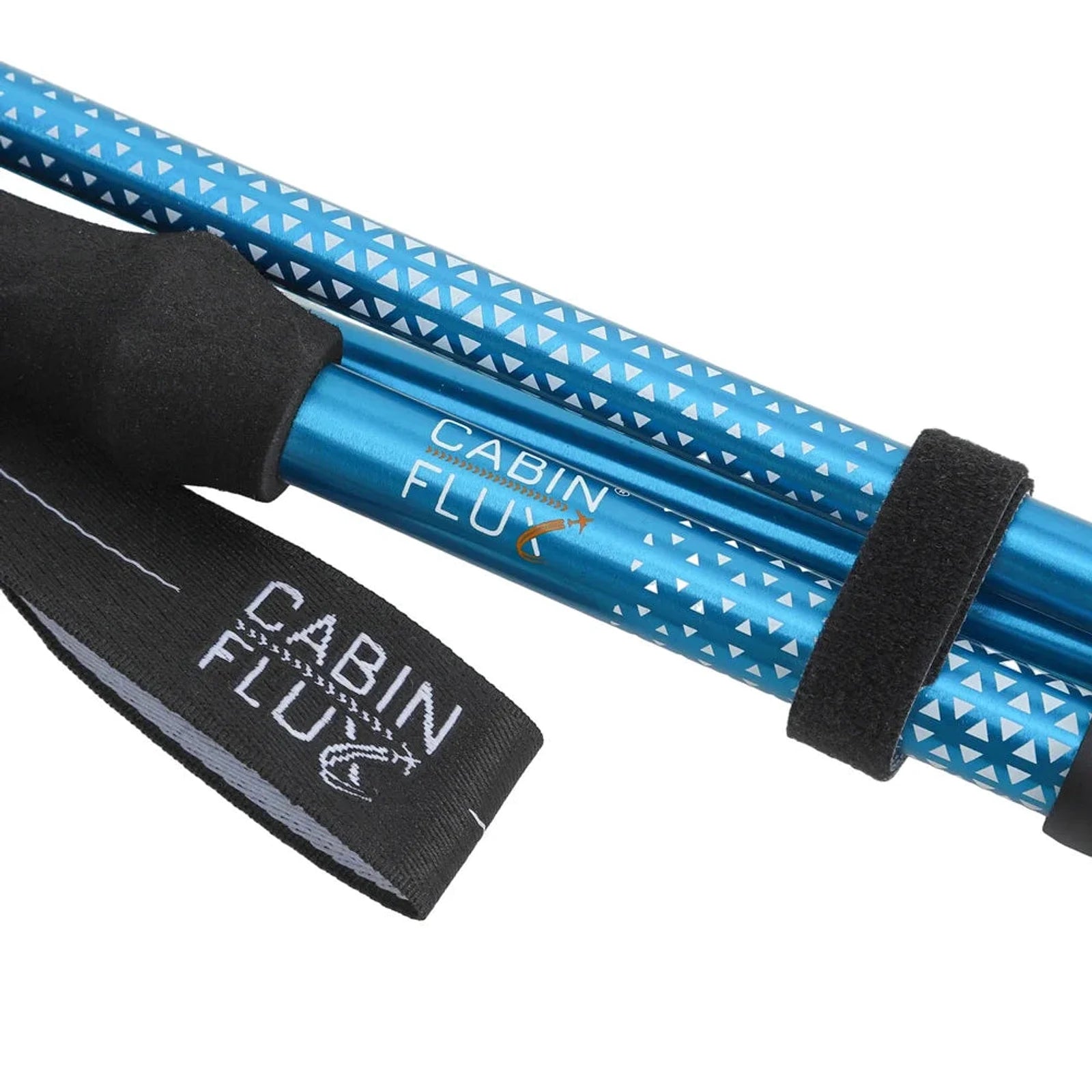 לוגו CABIN FLUX על גוף מקל הליכה נורדית Mont Blanc כחול מקופל עם רצועת ידיים מובנית