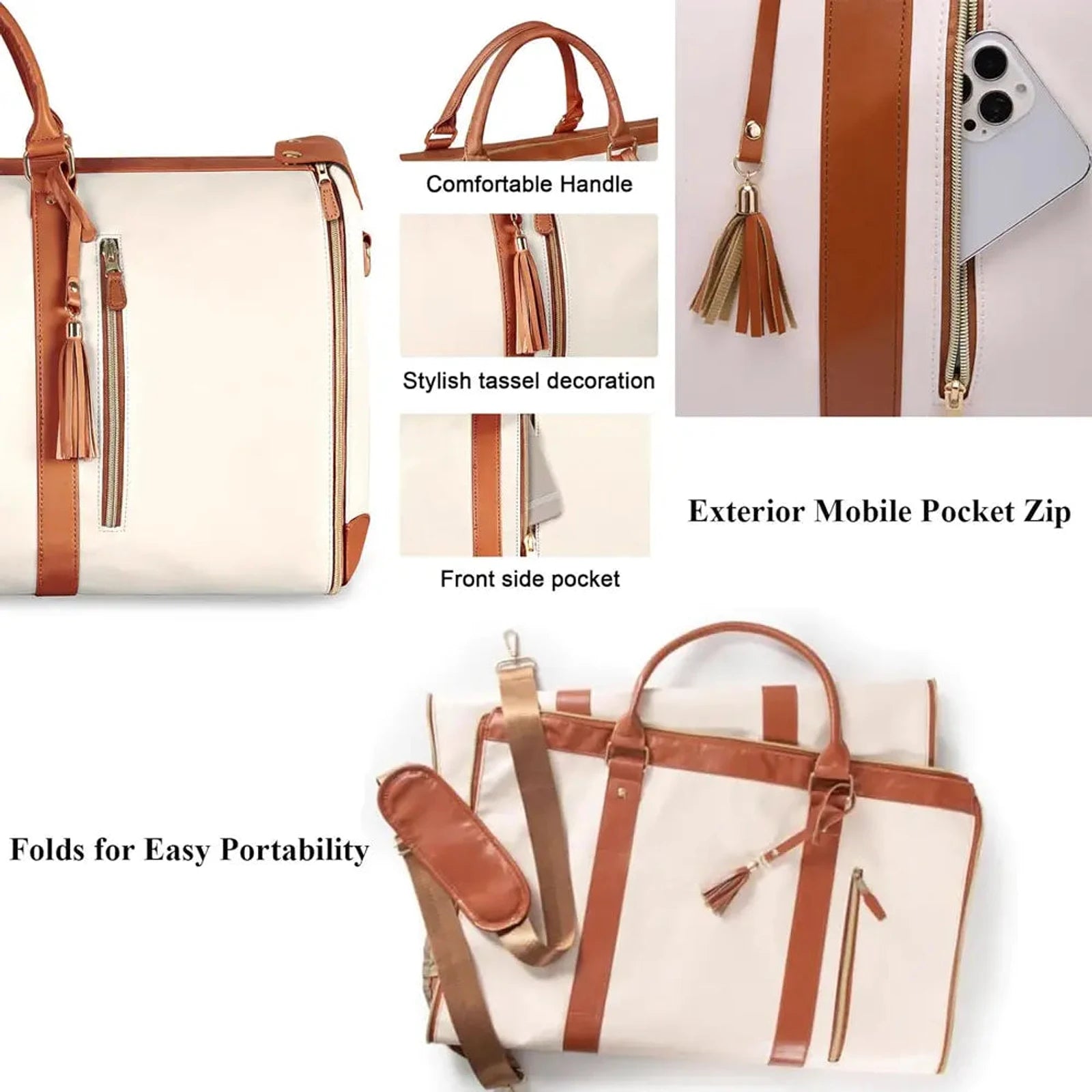 תיק נסיעות COMFORT MAGIC BAG קרם תקריב על ידיות מרופדות גדיל דקורטיבי כיס חיצוני ומצב מקופל