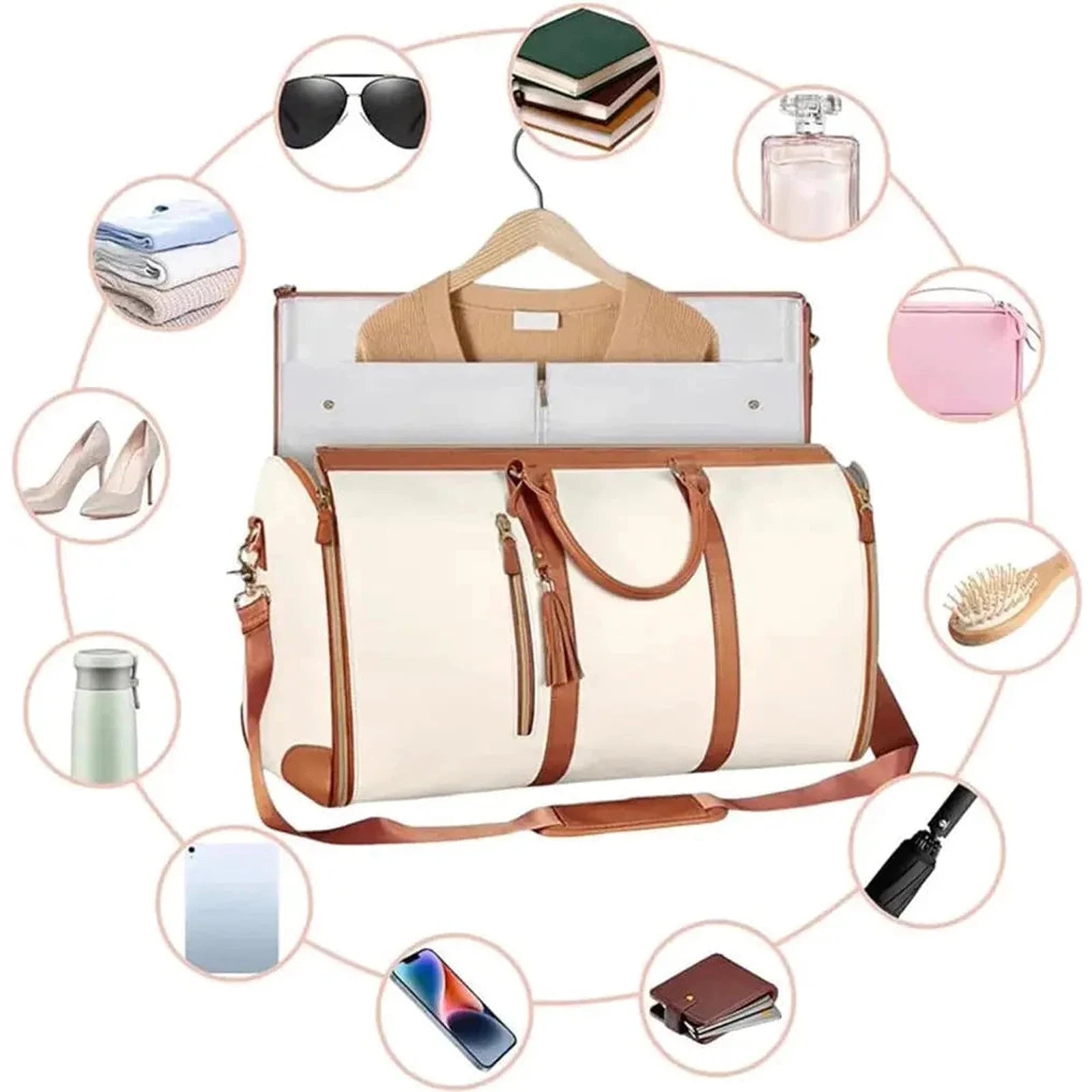 תיק נסיעות COMFORT MAGIC BAG בצבע קרם 40 ליטר עם המחשה לחפצים שנכנסים בגדים נעליים ואביזרים