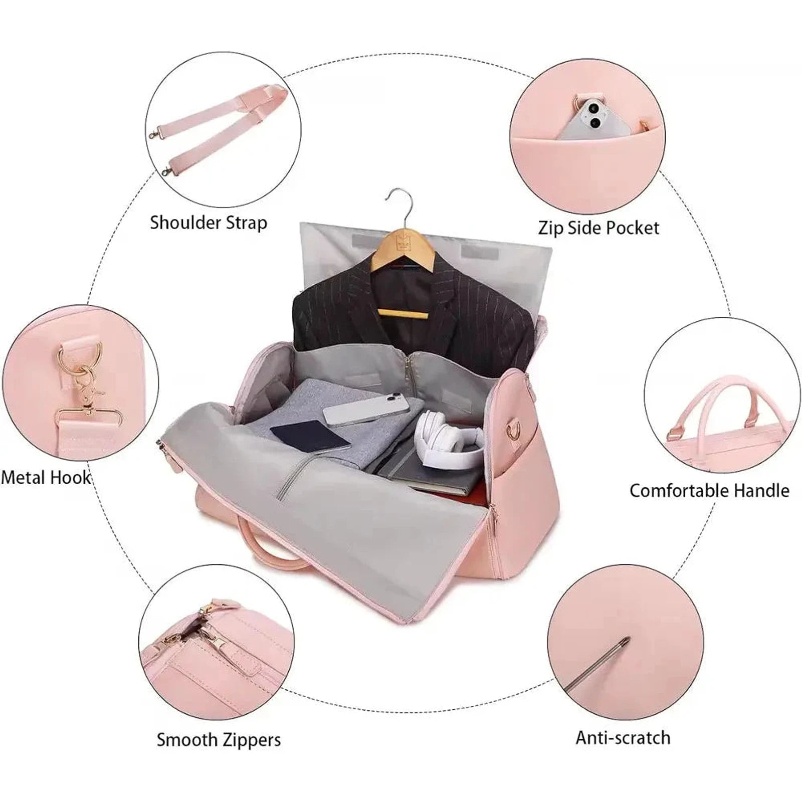 תיק נסיעות COMFORT MAGIC BAG בצבע ורוד עם תקריב על רצועת כתף כיס אטום לטלפון וידיות מרופדות