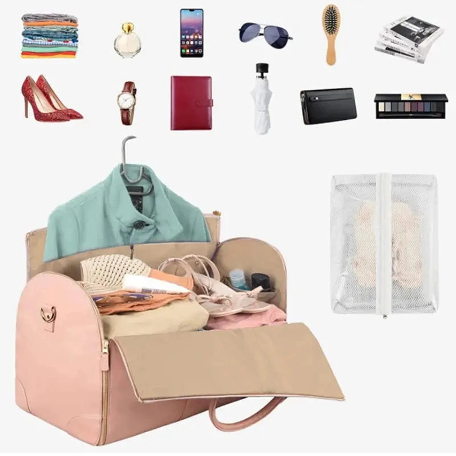 תיק נסיעות מתקפל COMFORT MAGIC BAG בצבע ורוד פתוח עם תאי אריזה לבגדים אביזרים ונעליים