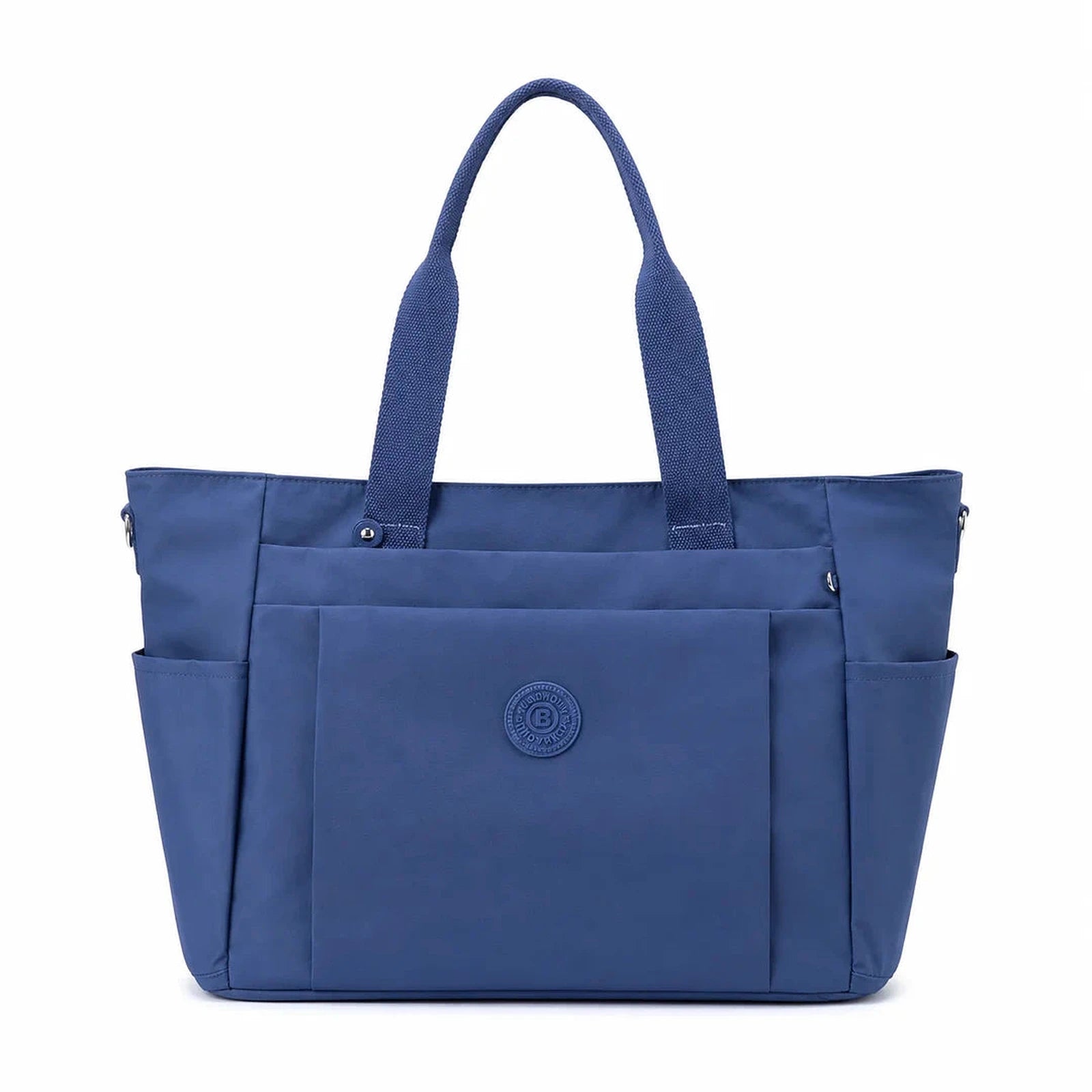 תיק צד יומיומי COOLPASE Carry Travel Tote בצבע כחול - מבט קדמי, מתלבש על מזוודה עם כיסים מרובים