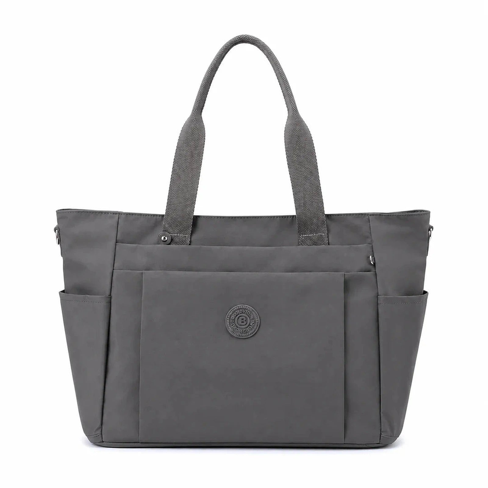תיק צד יומיומי COOLPASE Carry Travel Tote בצבע אפור כהה - מבט קדמי, מתלבש על מזוודה עם כיסים מרובים