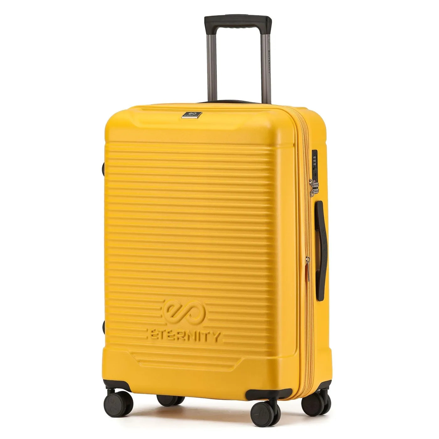 מזוודת טרולי עליה למטוס 20 אינץ' קשיחה מתרחבת ETERNITY דגם Broadway בצבע צהוב, עשויה מפוליפרופילן בלתי שביר עם מרקם פסים, מנעול TSA וגלגלי ספינר, מבט מלפנים