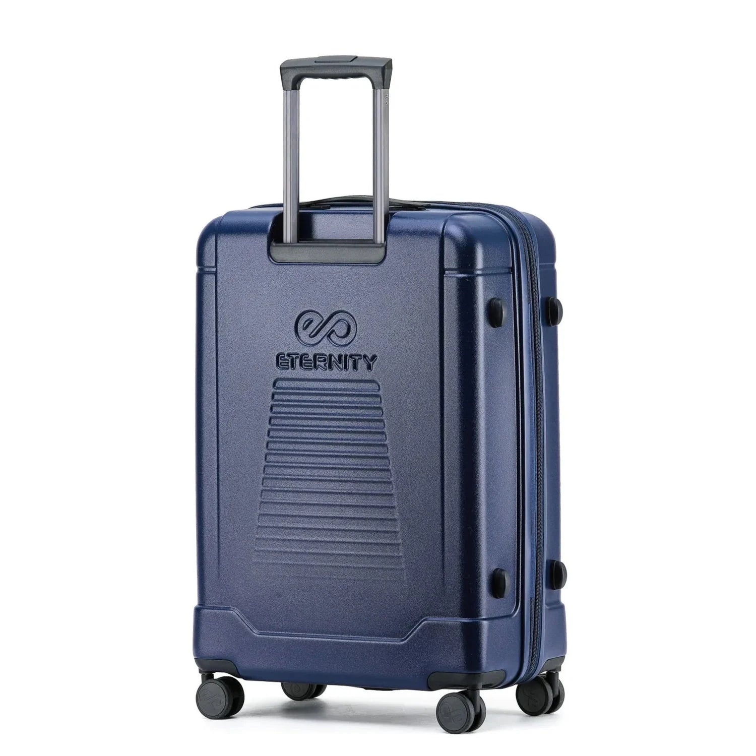 מזוודה גדולה 29 אינץ' ETERNITY דגם Broadway קשיחה מפוליפרופילן בצבע נייבי, מבט אחורי תלת רבעי עם ידית טלסקופית וגלגלי ספינר כפולים
