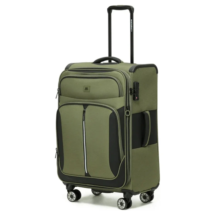 מזוודה גדולה 28 אינץ' מבד ETERNITY TUCSON בצבע ירוק זית, מבט תלת רבעי עם ידית טלסקופית, מנעול TSA וגלגלי ספינר כפולים