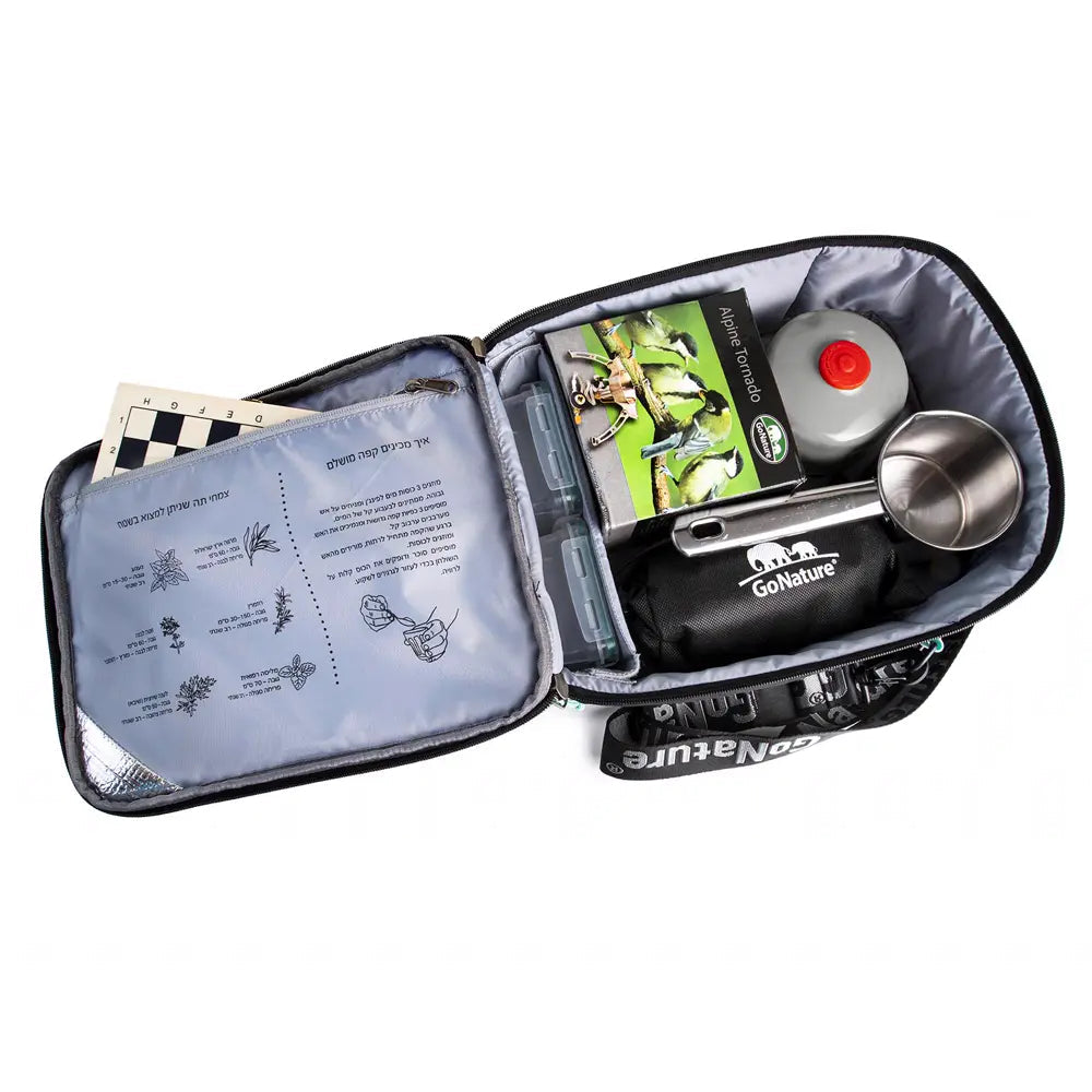ערכת פק״ל קפה אלפינית Go Nature פתוחה עם גזיית Alpine Tornado, מיכל גז, פינג׳ן נירוסטה, כפית והוראות הכנה