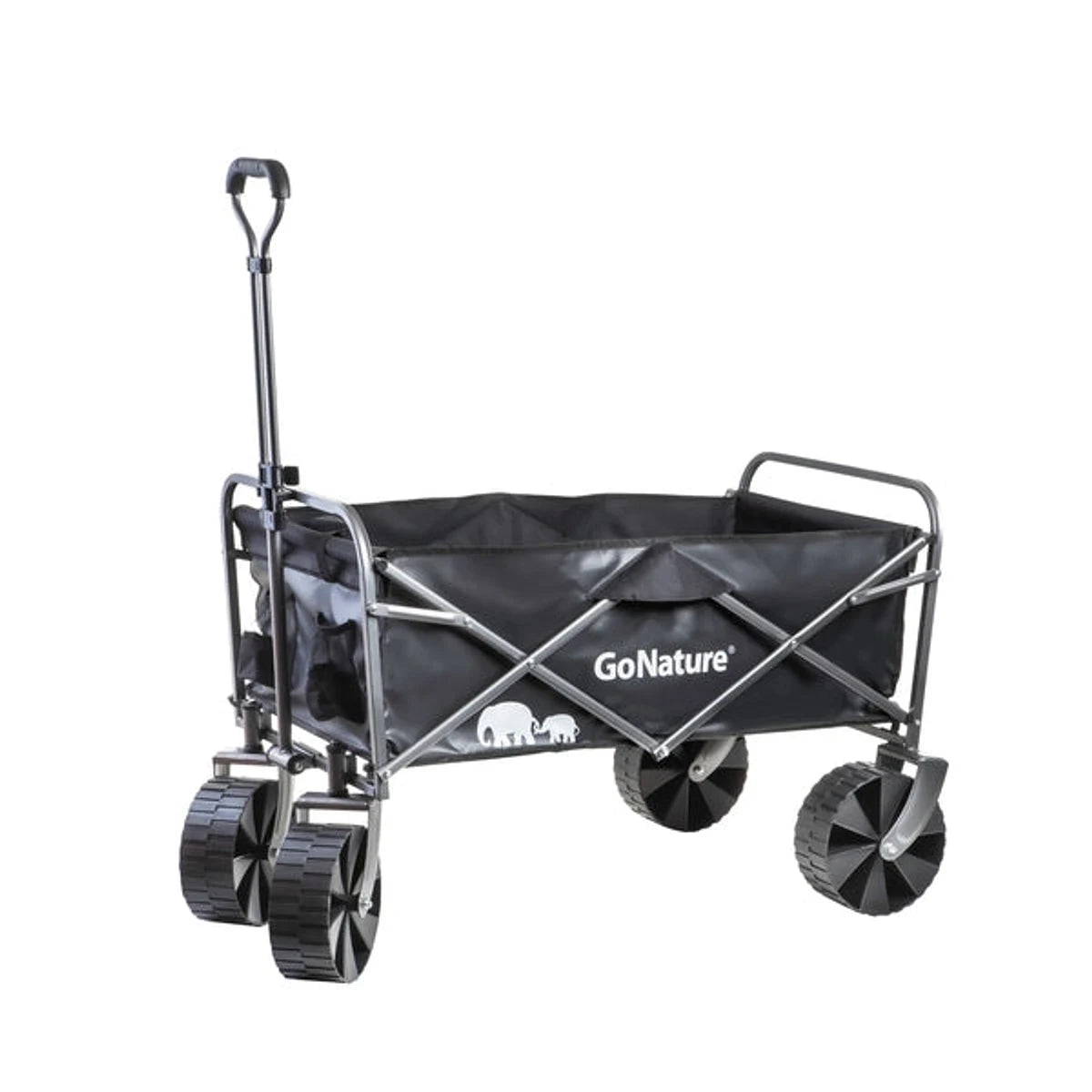 עגלת קמפינג מתקפלת Go Nature Camper בצבע שחור עם גלגלי שטח רחבים ידית טלסקופית וכושר נשיאה שמונים קילו