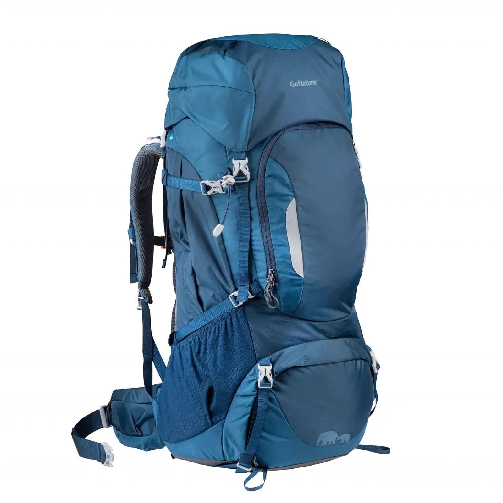 תרמיל טיולים מוצ'ילה GoNature MCKINLEY 65+10 ליטר בצבע כחול מבד Oxford D420 עמיד, מבט חזית