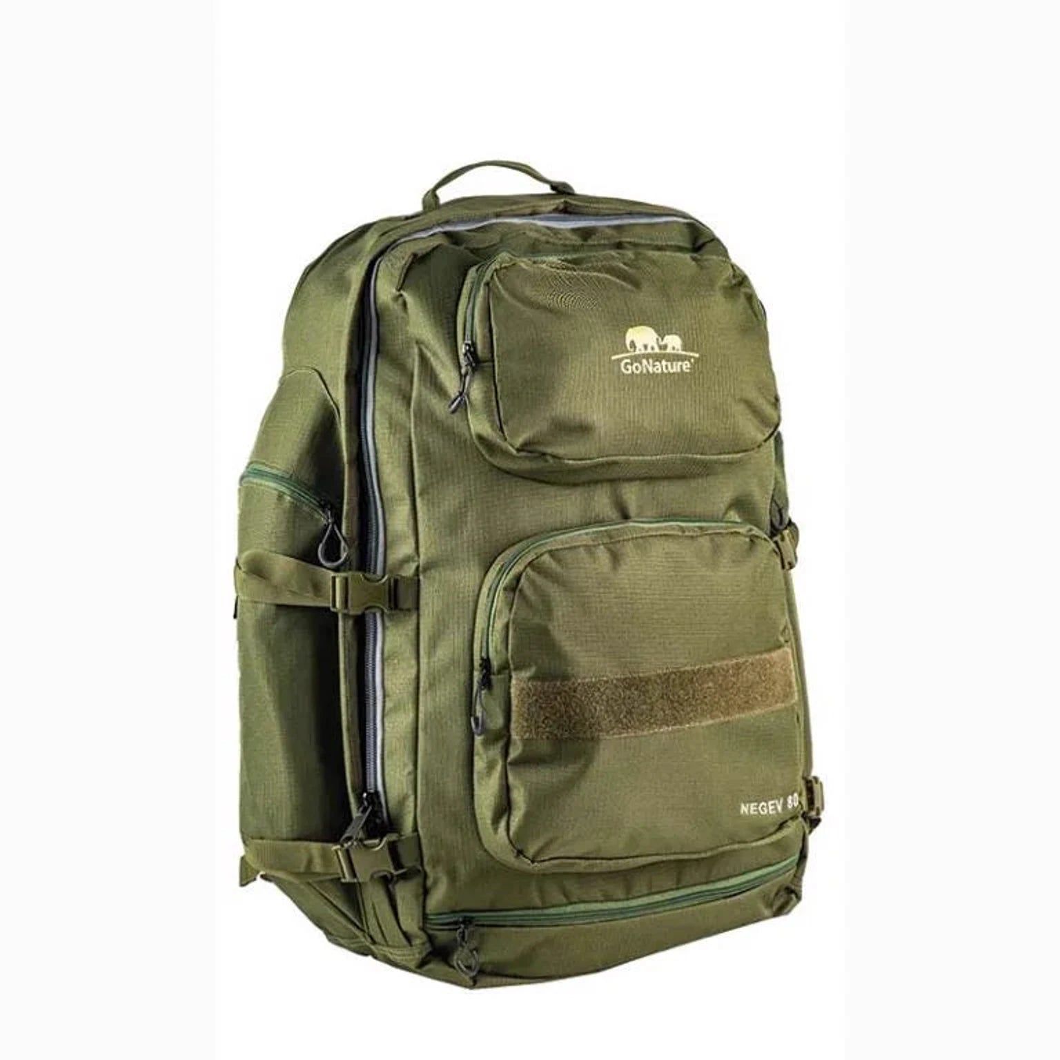 תרמיל טיולים וצבא Go Nature Negev 90 ליטר בצבע זית, אריג POLY RIPSTOP עמיד, תא ראשי הנפתח כמו מזוודה