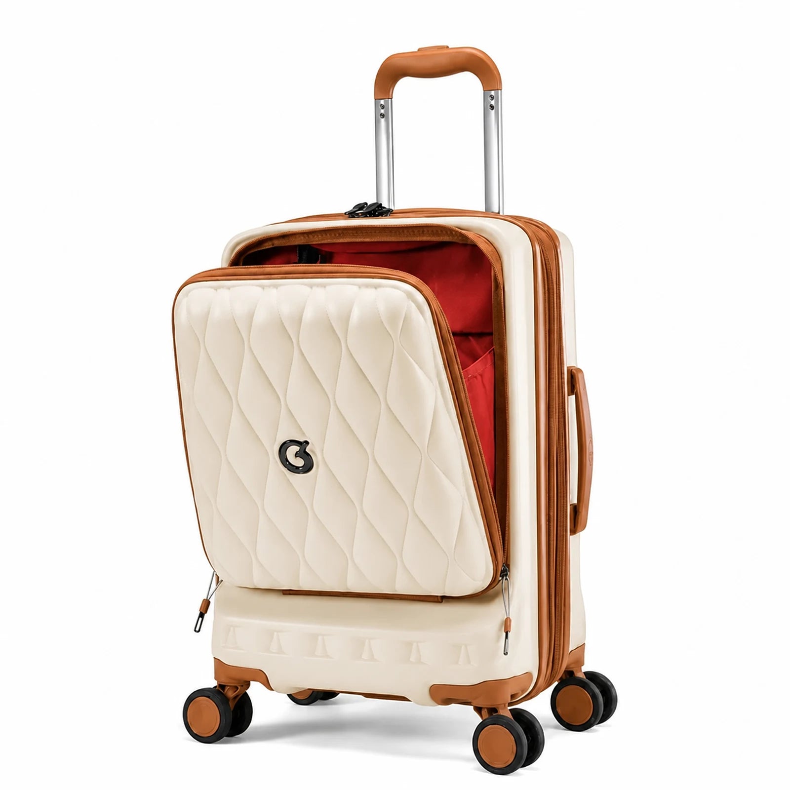מזוודה טרולי עליה למטוס 20 אינץ' Goby London דגם DIAMOND בצבע שמנת עם תא קדמי ללפטופ ובטנה אדומה, מבט מלפנים