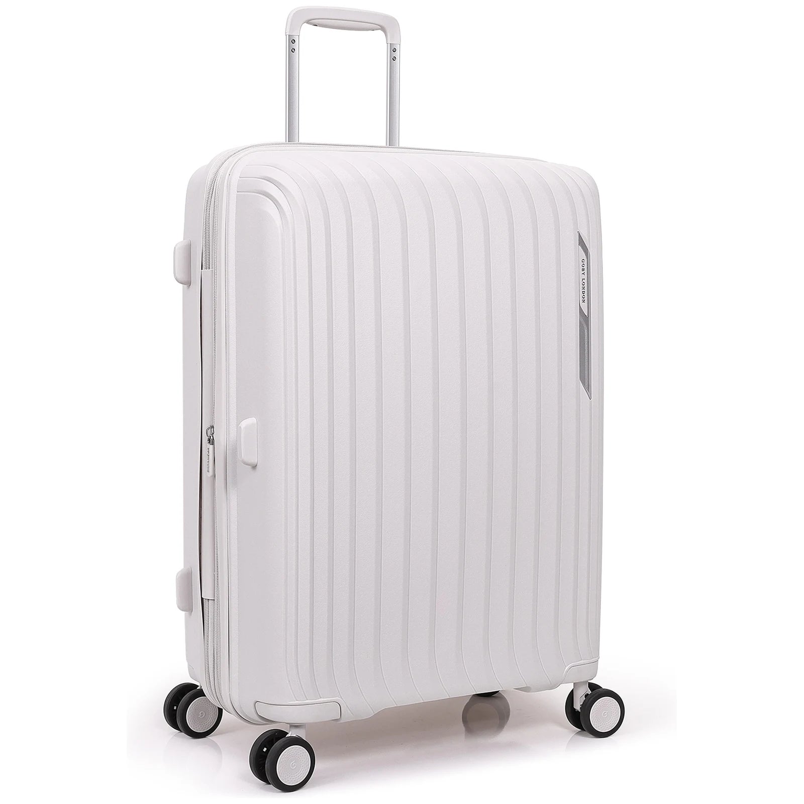 מזוודת טרולי עלייה למטוס 20 אינץ' Goby London MAX SHIELD בצבע אוף-ווייט בזווית צד - עיצוב הפסים המחוטב וגלגלי ספינר כפולים