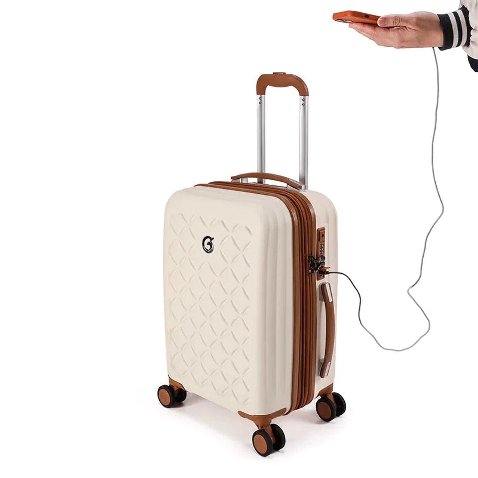 מזוודת Goby London אושן קורל 20 שמנת עם יציאת USB וטעינת הטלפון תוך כדי נסיעה בשדה התעופה