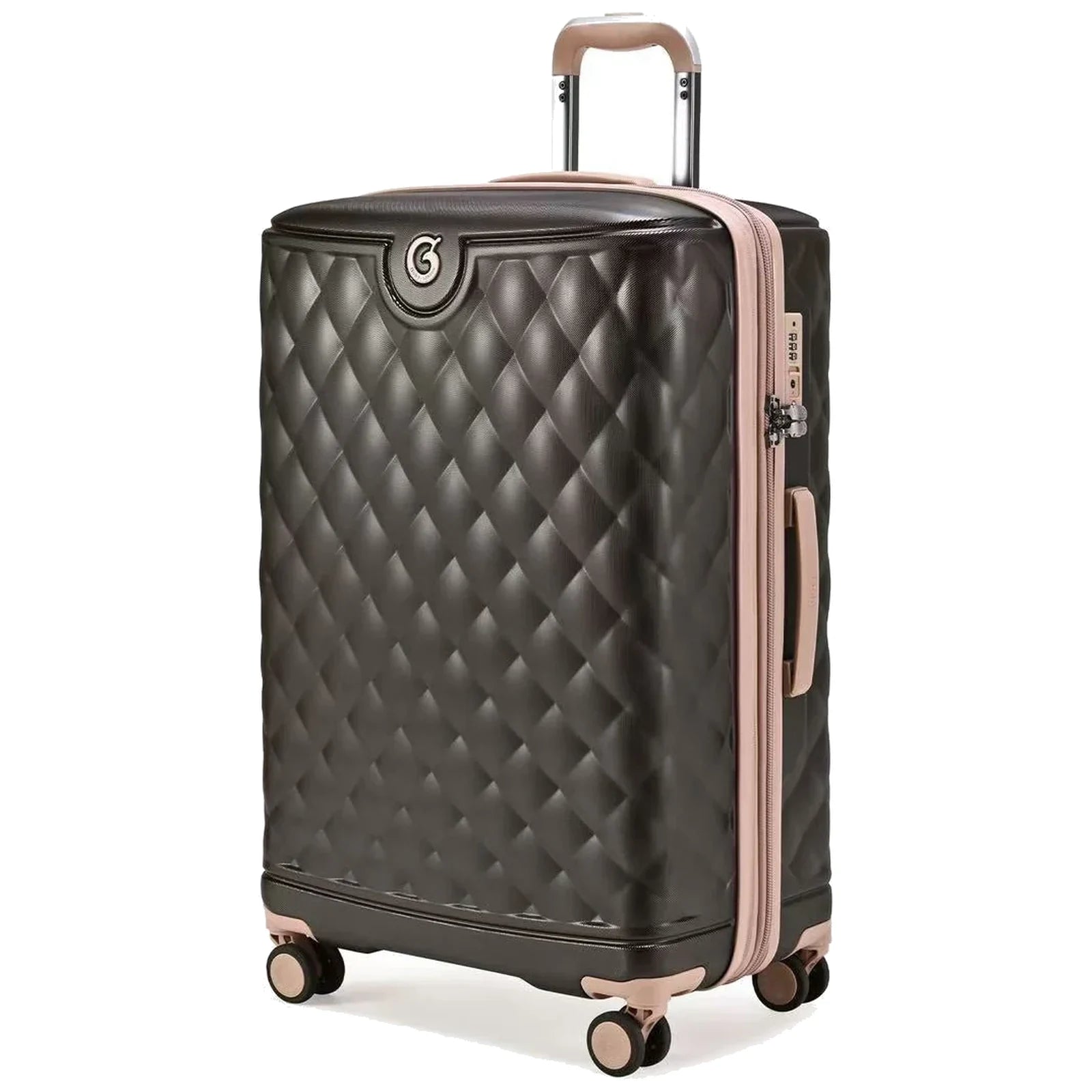 מזוודה גדולה Goby London OCEAN ROYALE 29 אינץ' בצבע קפה - בזווית צד עם רוכסן ההרחבה וידית טלסקופית רוז-גולד