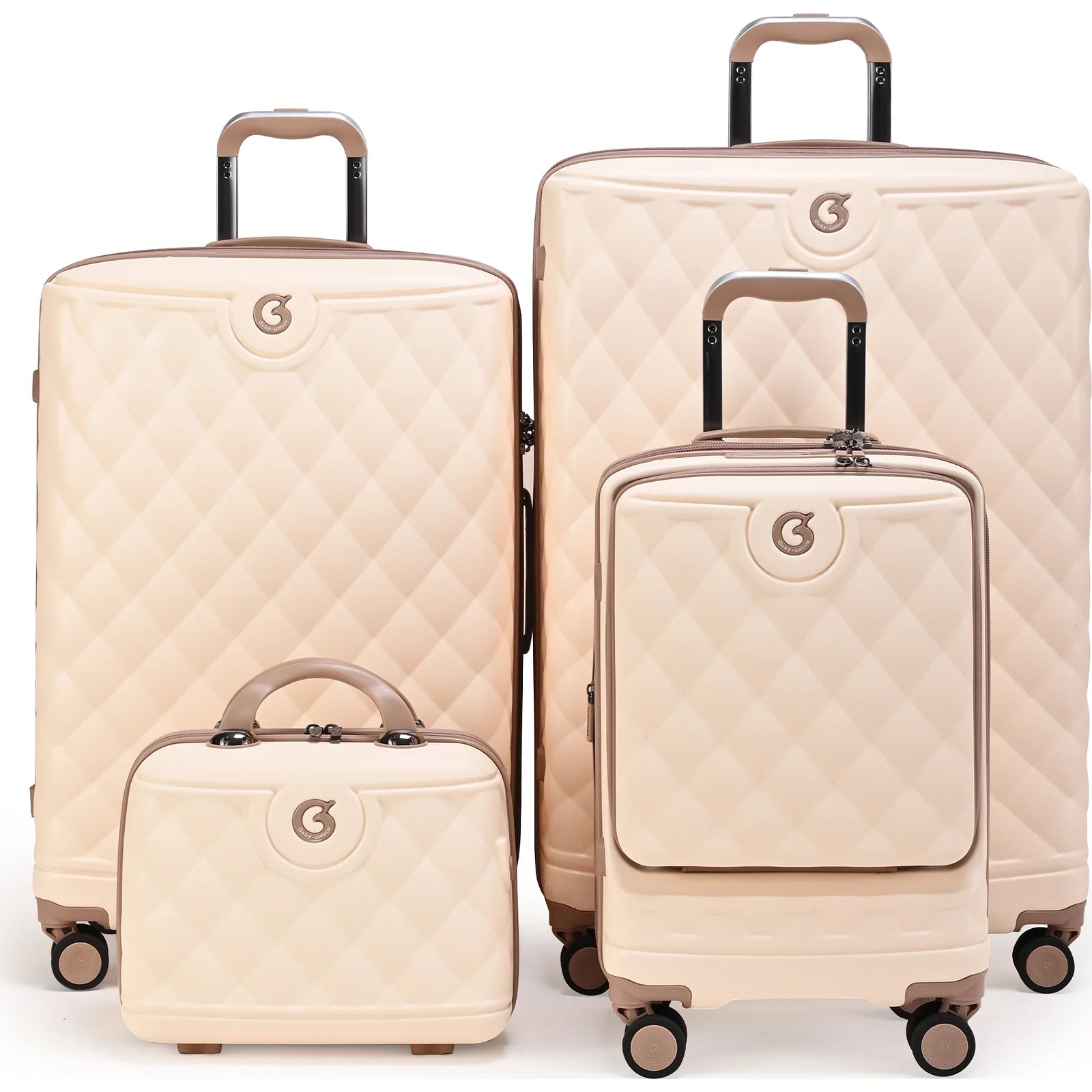 סט מזוודות קשיחות Goby London דגם OCEAN ROYALE בצבע שמנת עם גימורי רוז-גולד - 29, 25, 20 אינץ' וביוטי קייס