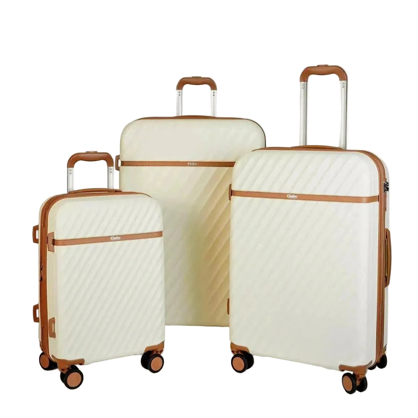 סט שלוש מזוודות קשיחות Goby London OCEAN WAVE בצבע שמנת, עשויות מחומר ABS ופוליקרבונט, מבט חזית