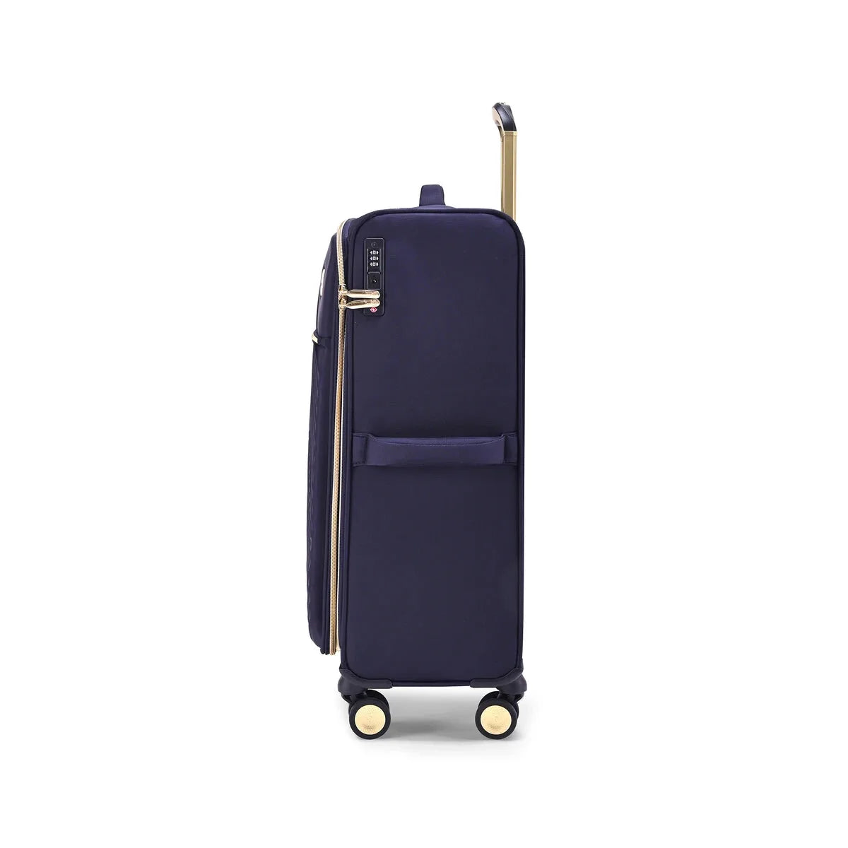 מבט צד על מזוודת בד Goby London Royal Vogue 29 אינץ בצבע נייבי, רוכסן הרחבה נפח של 20 אחוז עד 126 ליטר