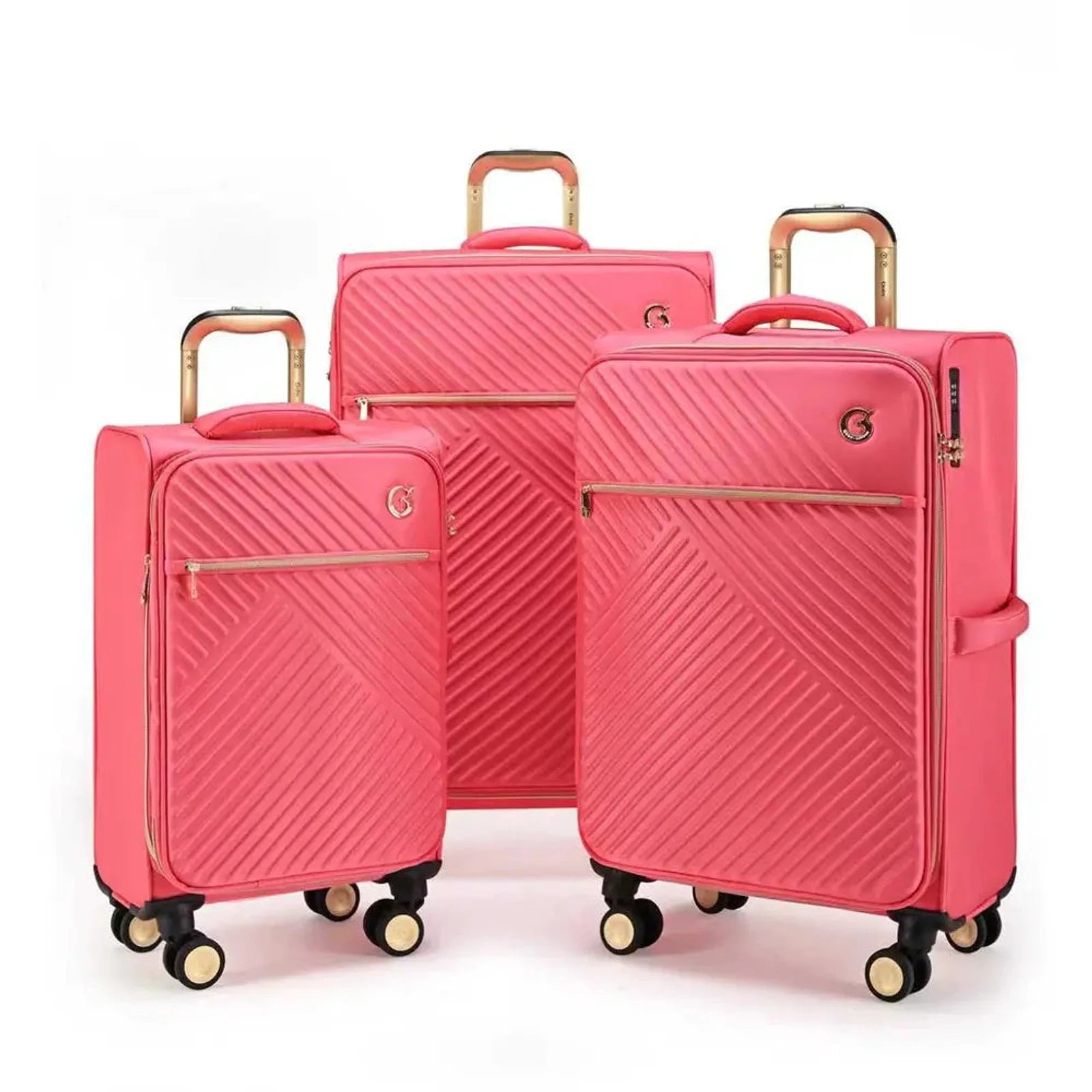 סט 3 מזוודות בד מתרחבות Royal Vogue מבית Goby London בצבע ורוד, גלגלי סיליקון ספינר, מבט מלפנים