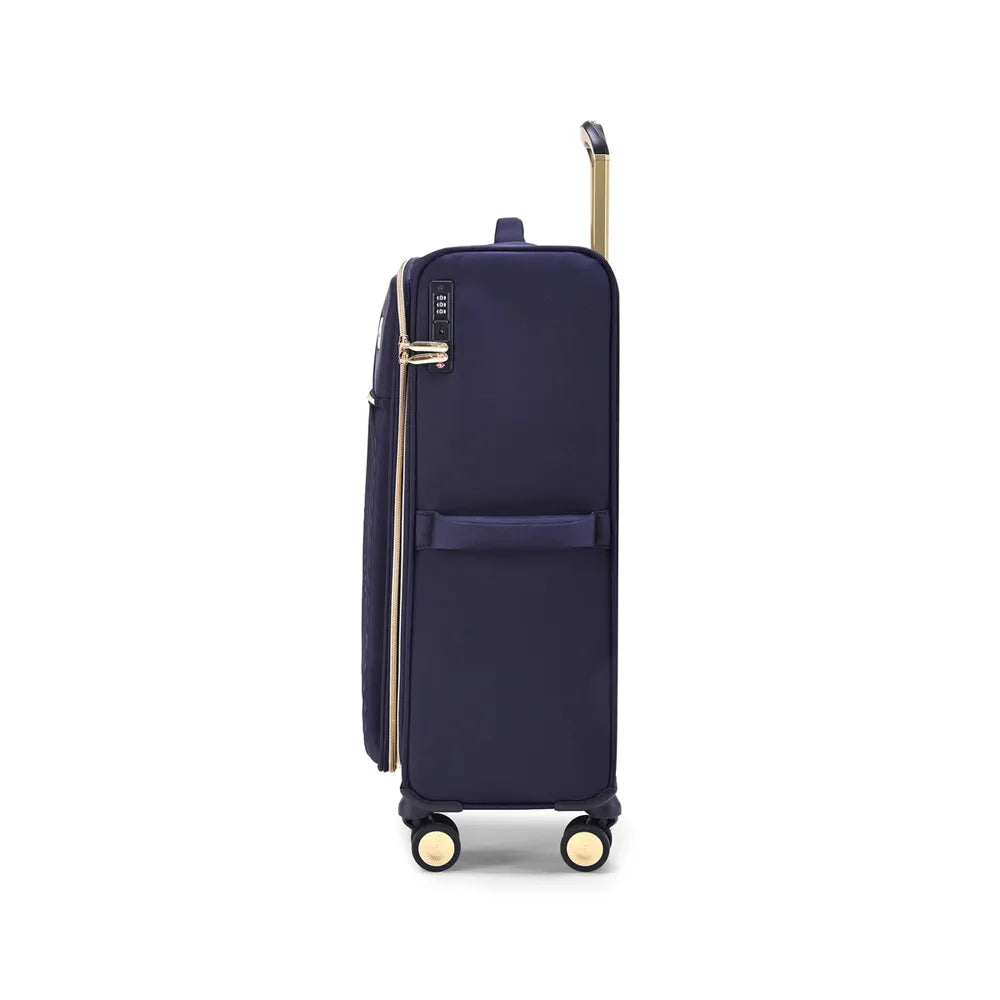 מזוודות בד Goby London Royal Vogue בצבע נייבי, יחידה בודדת במבט צד עם ידית טלסקופית מורמת וגלגלי ספינר