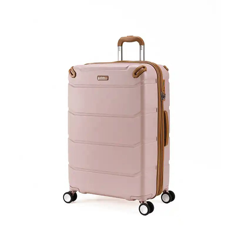 מזוודת קבין Goby London VEGAS בצבע ורוד פודרה, מבט זווית קדמי, גוף ABS פוליקרבונט וגלגלי ספינר