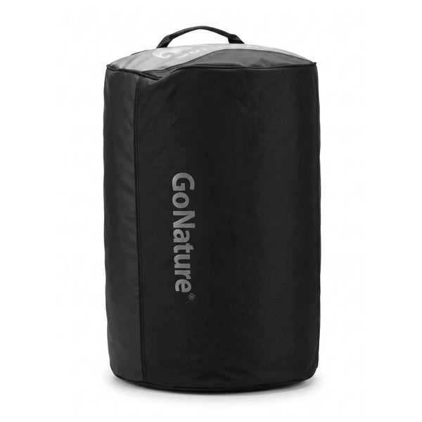 מבט קצה על תיק נסיעות GoNature DUFFEL BAG בנפח 90 ליטר במבנה דאפל גלילי עמיד מבד Tarpaulin שחור לשטח וקמפינג