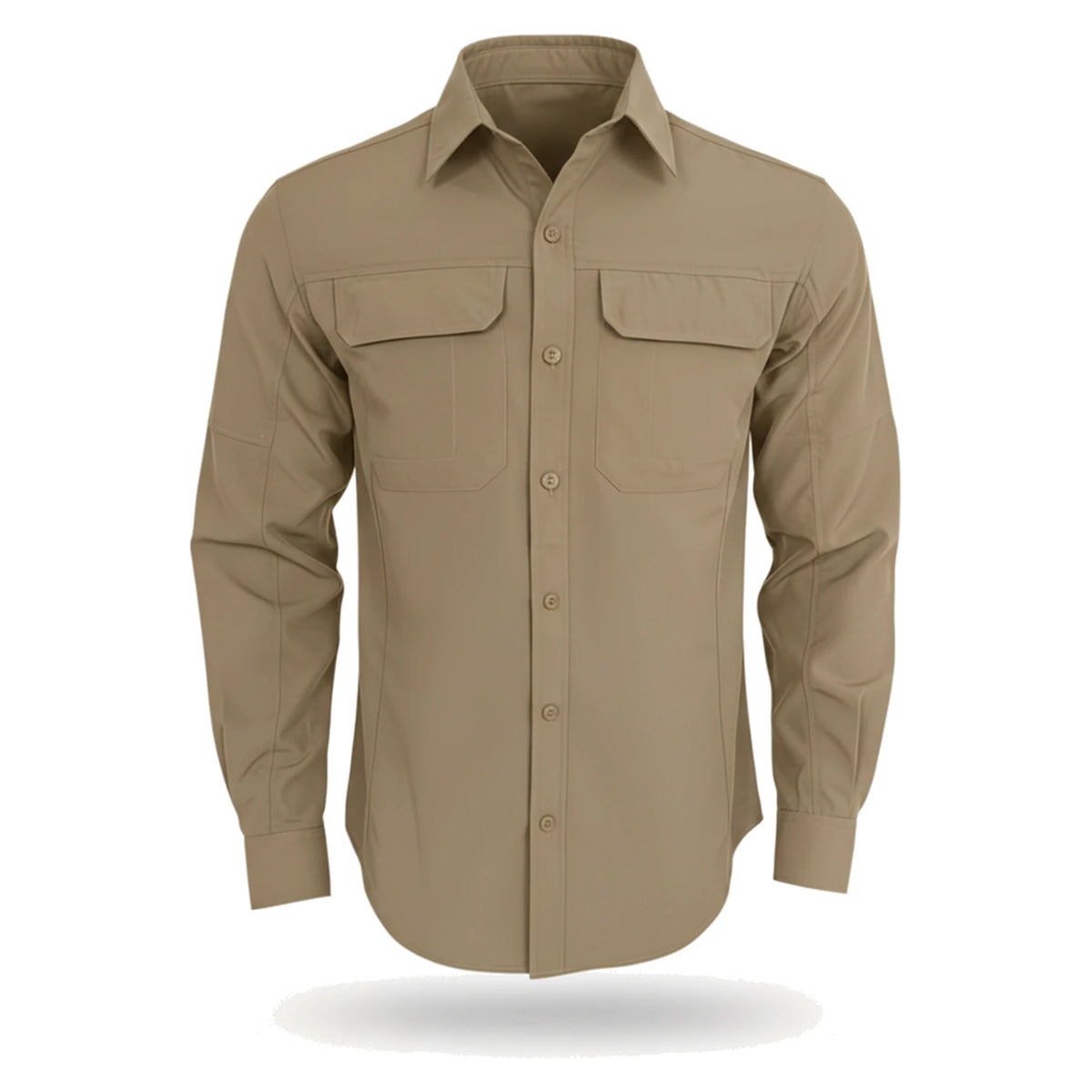 חולצה מכופתרת לטיולים GoNature GN OUTBACK L/S עם הגנת UPF 30+ בצבע חאקי - מבט קדמי עם שני כיסי חזה בדשי סקוץ׳