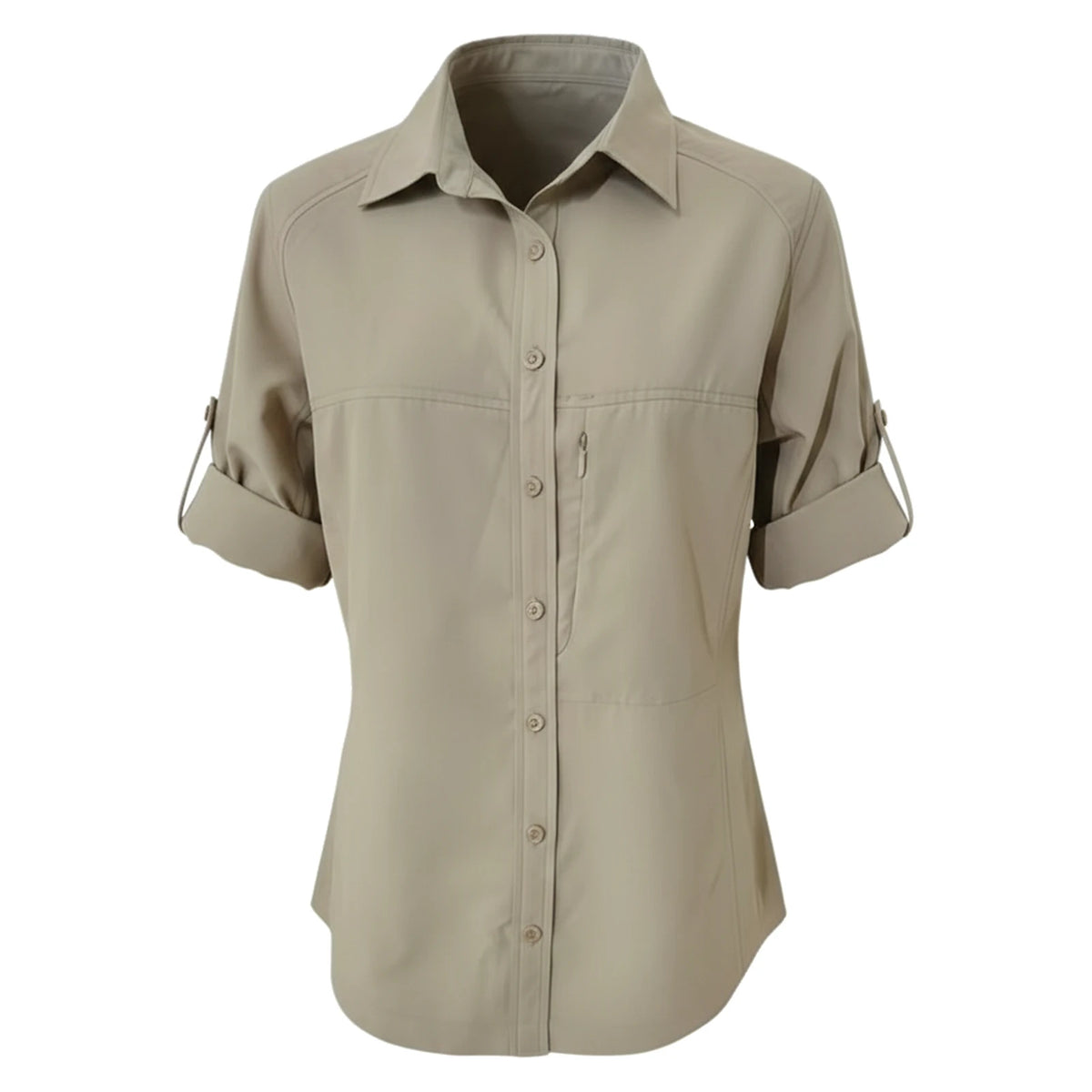 חולצה מכופתרת לנשים לטיולים GoNature GN OUTBACK L/S עם הגנת UPF 30+ עם השרוולים מגולגלים ומקובעים בלולאה מעל המרפק