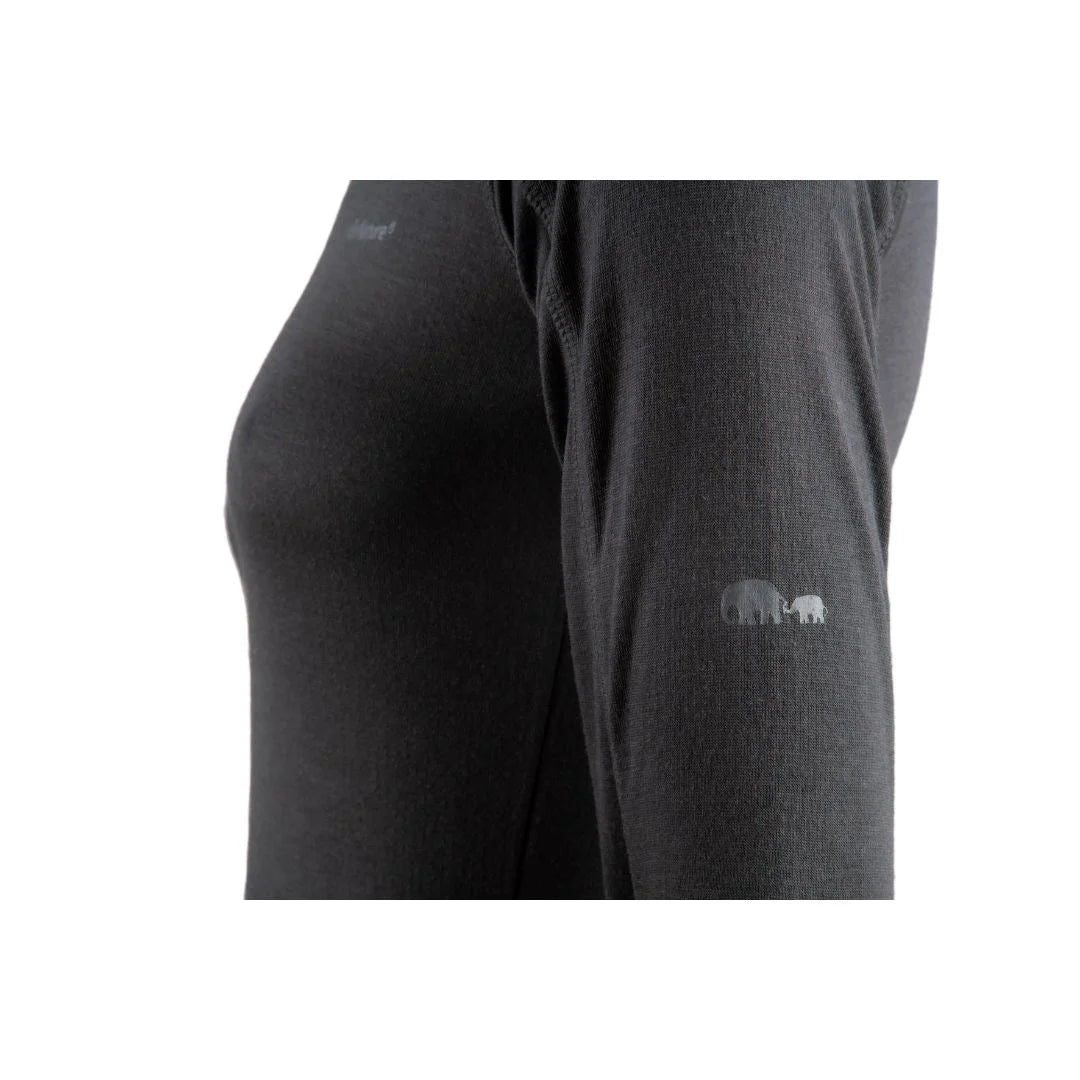 תקריב שרוול חולצה טרמית נשים Go Nature Merino Hybrid Level 2 שחורה עם לוגו פיל, אנטיבקטריאלי