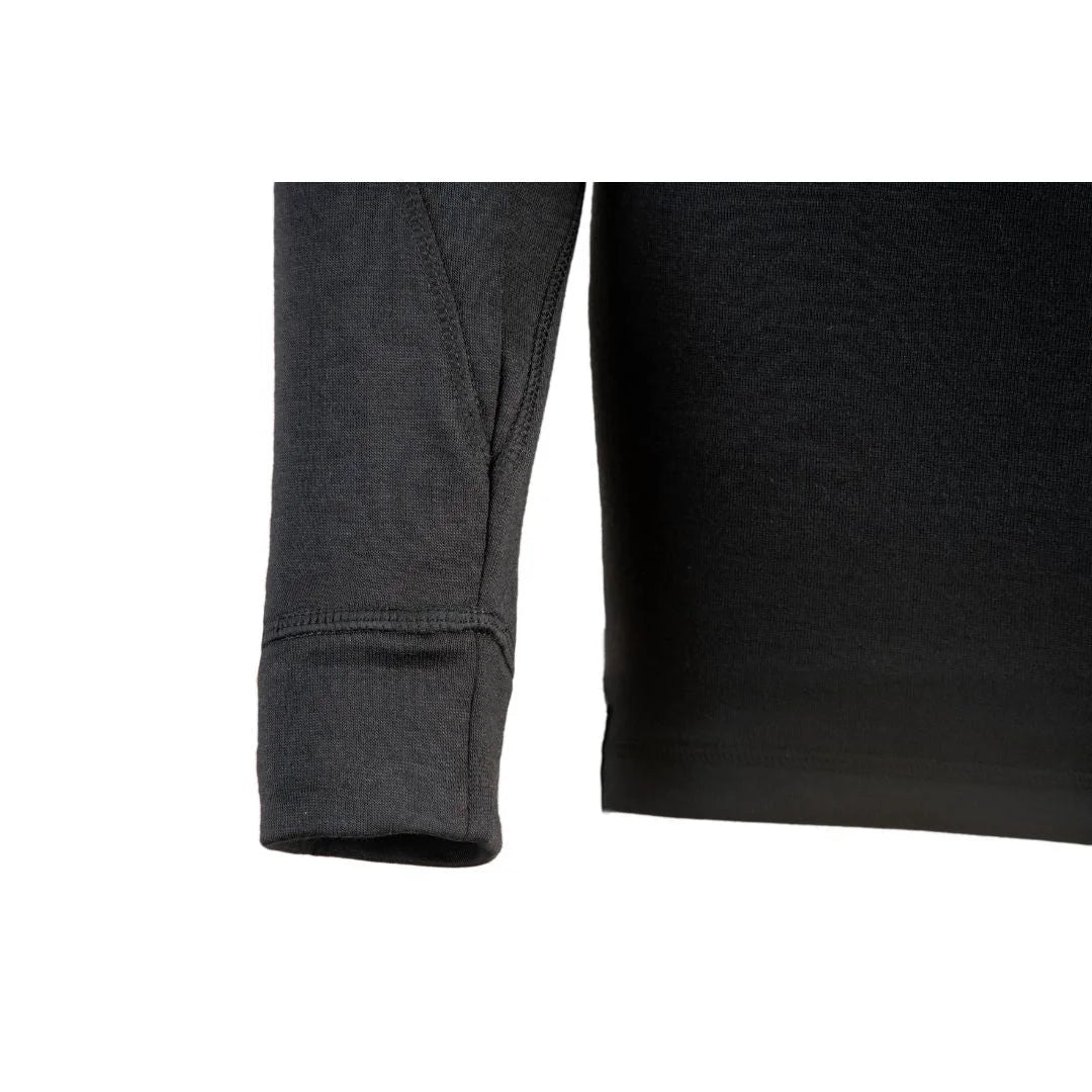 תקריב שרוול וסיום גופיית טרמית נשים Go Nature Merino Hybrid שחורה, תפרים ואיכות בד
