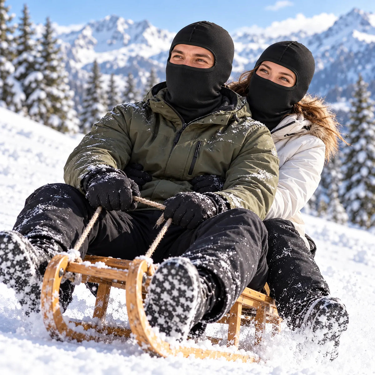 זוג על מזחלת עץ בשלג עם מסיכות פנים תרמיות GoNature PROSTRETCH BALACLAVA שחורות, על רקע הרים מושלגים