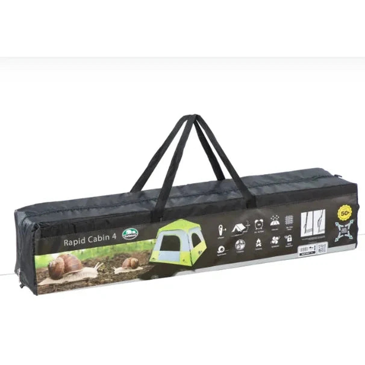 תיק נשיאה של האוהל Go Nature RAPID CABIN UPF50 לארבעה אנשים, עם ידיות ותיאור מפרט המוצר