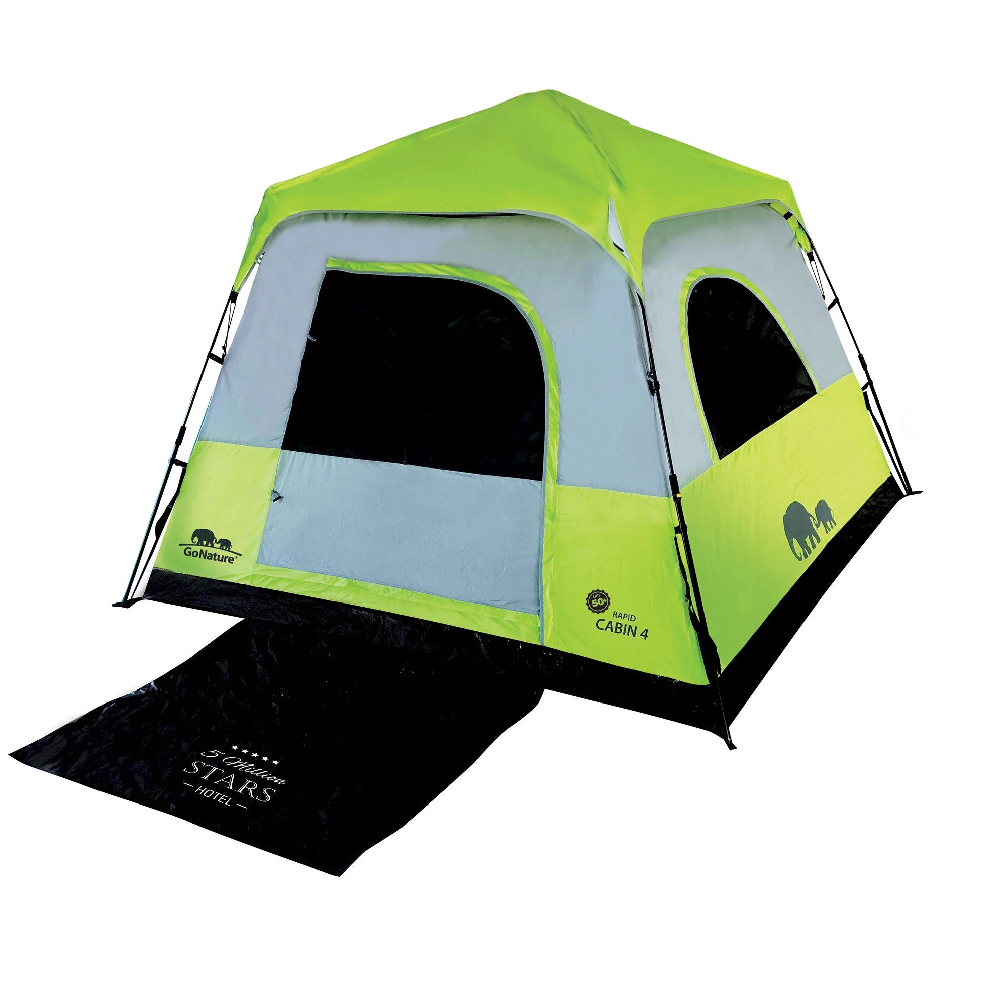 אוהל קמפינג משפחתי לארבעה אנשים Go Nature RAPID CABIN UPF50 במבנה קאבין, עם שטיח כניסה, מבט מלפנים
