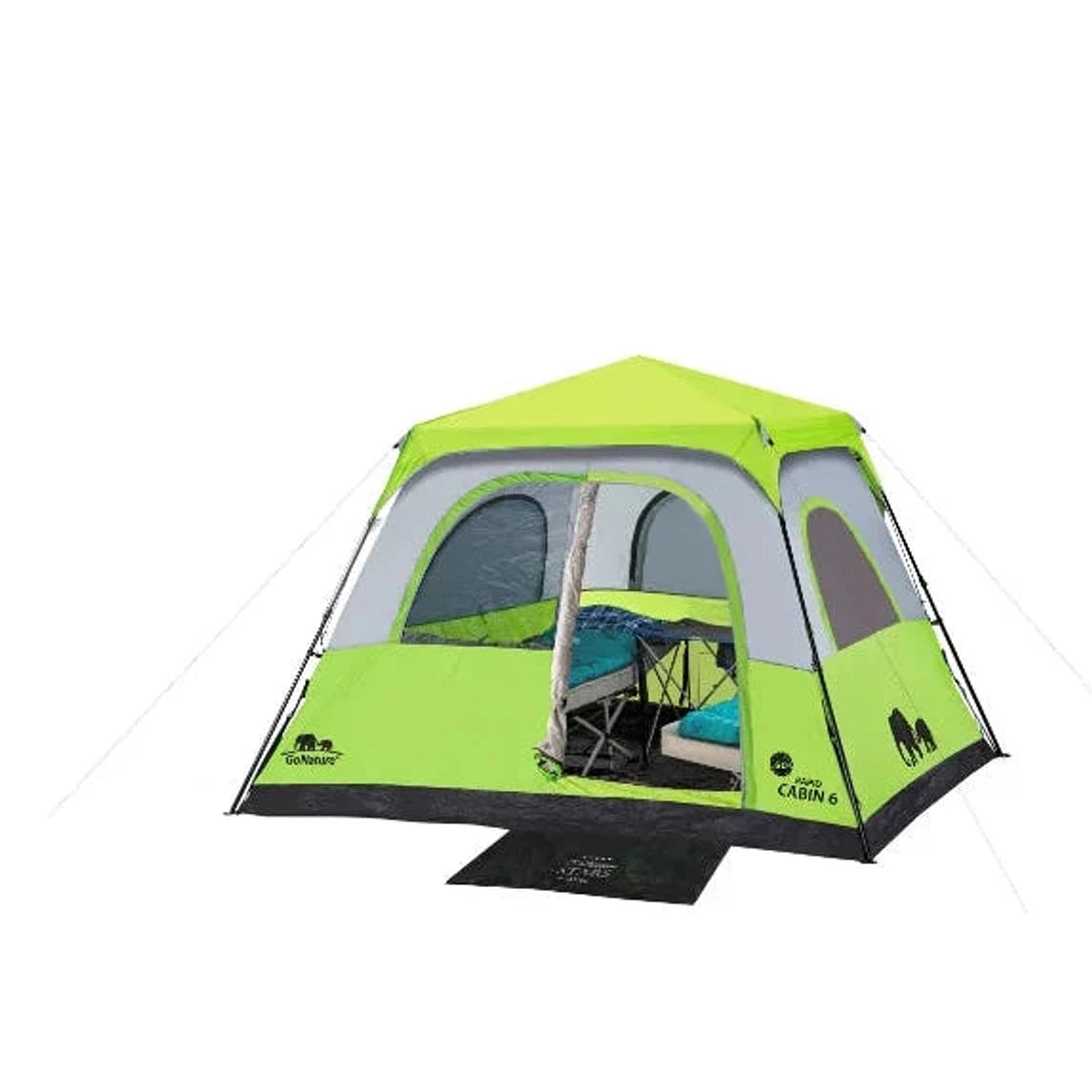 אוהל קמפינג משפחתי Go Nature Rapid Cabin 6 בצבע ירוק עם דלת פתוחה, מבט מזווית המציג את הפנים המרווח