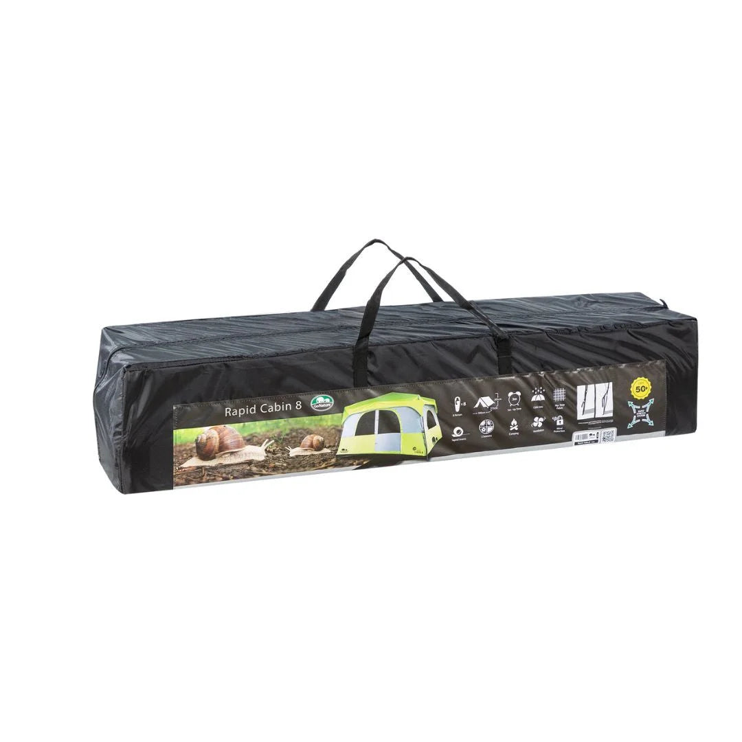 תיק נשיאה שחור של אוהל קמפינג Go Nature RAPID CABIN 8 עם מפרט טכני מודפס ואיורים בצד