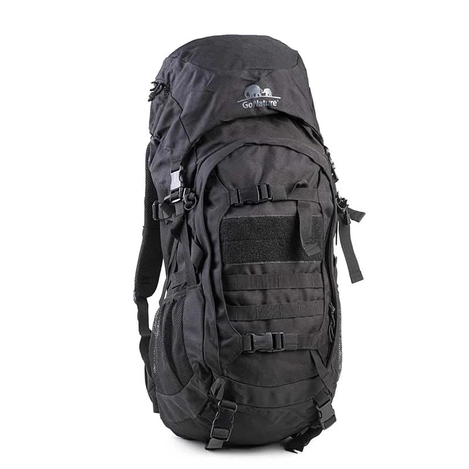 תרמיל טרקים טקטי Go Nature Savana MK-3 50 ליטר בצבע שחור, שלדת פולימר ואלומיניום, מבט מלפנים