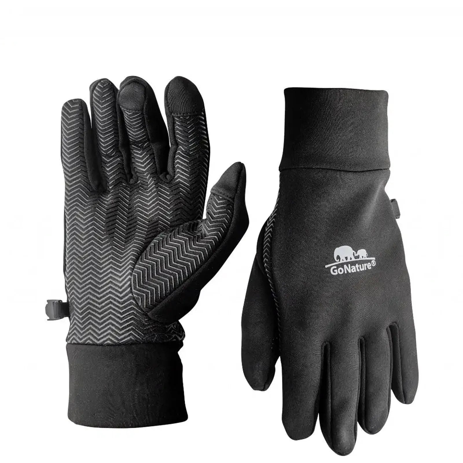 כפפות טאצ׳ Go Nature Spider שחורות עם הדפסת סיליקון בכף היד ושלוש אצבעות מגע, מבט קדמי ואחורי
