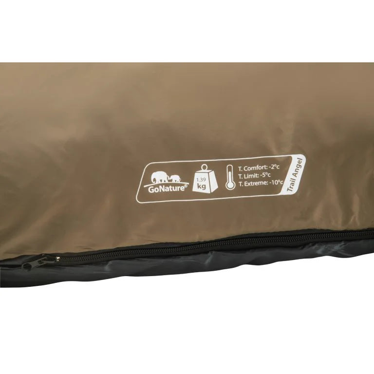 תווית מפרט שק שינה Go Nature Trail Angel: T.Comfort מינוס 2, T.Limit מינוס 5, T.Extreme מינוס 10, משקל 1.39 ק"ג