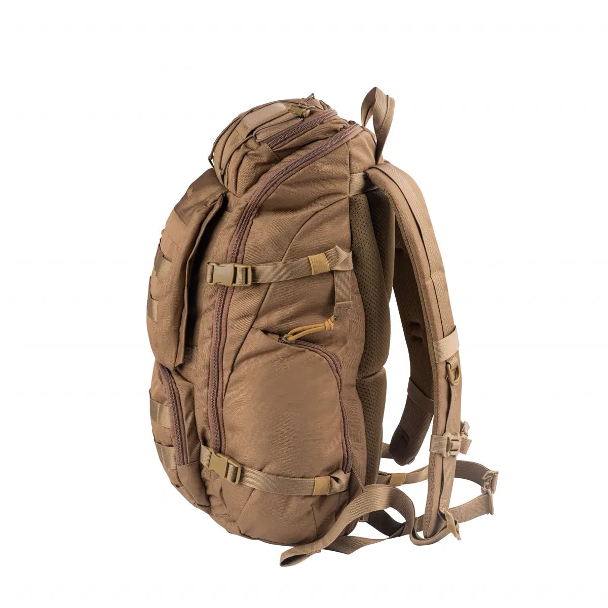 תרמיל טאקטי מקצועי GoNature Tundra MK 1.0 בנפח 30 ליטר בצבע חום, עשוי אריג D1000 CORDURA עם רצועות כיווץ, מבט מהצד