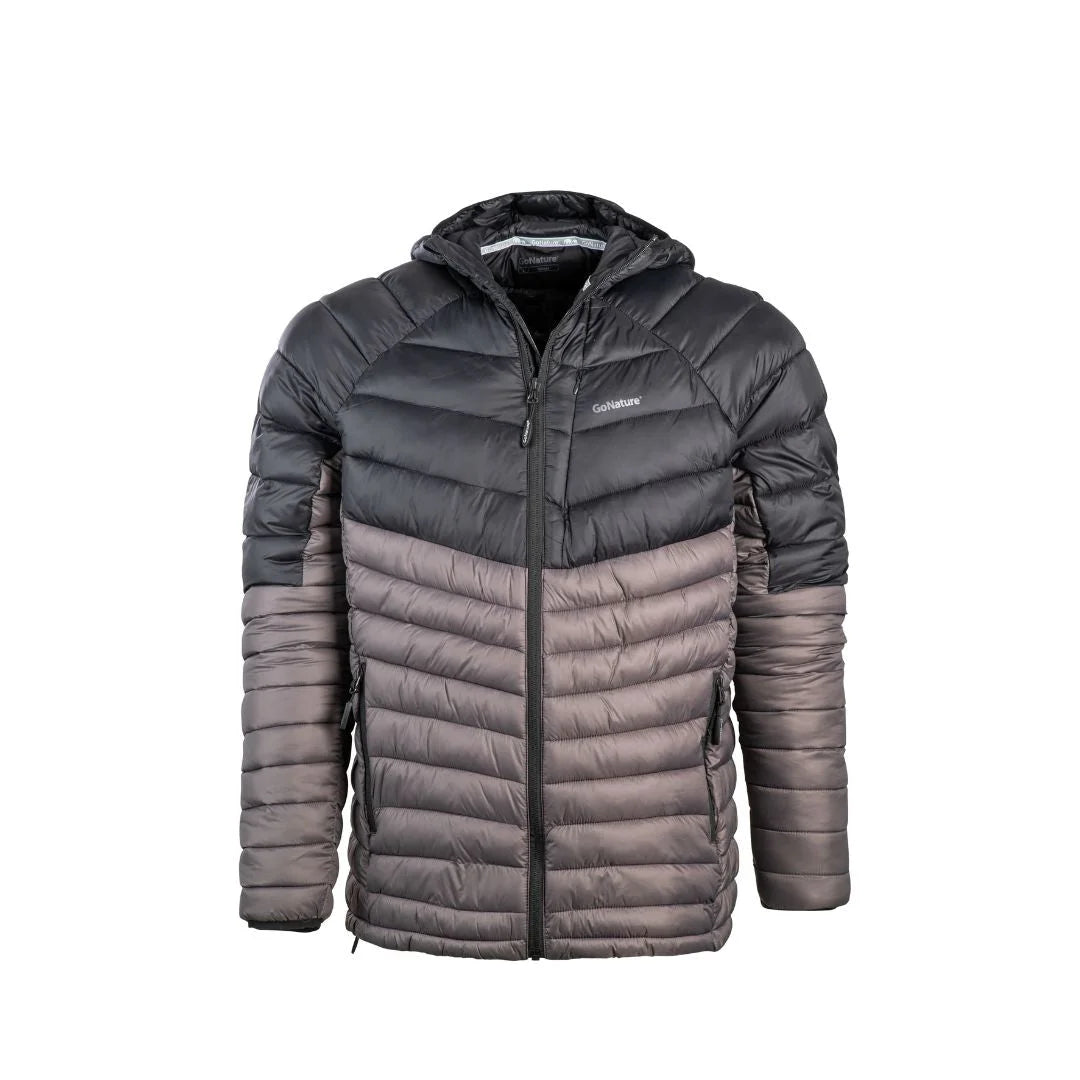 מעיל פוך סינטטי לגברים Go Nature Walrus JKT שחור-אפור, ברדס מבודד פתוח, ניילון T380, מבט מלפנים