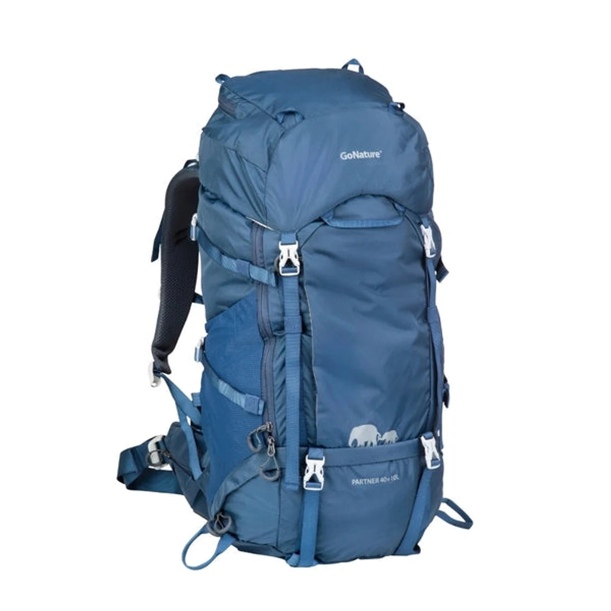 תרמיל GoNature Partner 45+10 ליטר בכחול, מבט קדמי-צדי עם רצועות נשיאה מרופדות ואבזמי כיווץ