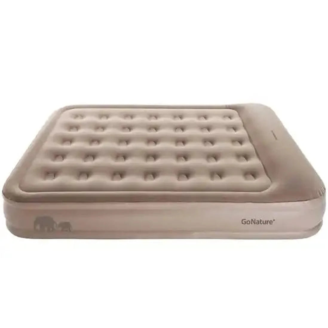 מיט�� זוגית מתנפחת GoNature Queen Size בגוון בז׳ עם משטח קטיפה מחורץ, דפנות גבוהות בגובה 46 סמ ולוגו גו נייצ'ר